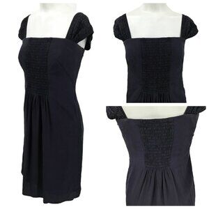 Akris Punto Silk Smocked Cap Sleeve Cocktail Dress Size 8 Blue Sheath Classic